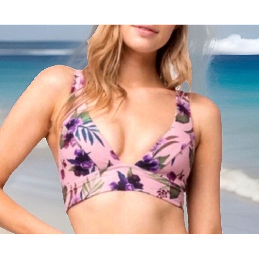 NWT Byrds of Paradise Demasia Bikini Top V Neck Floral Lace Up Pink Purple-S
